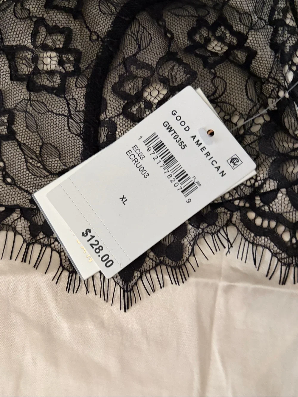 Good American Black Lace Trim Satin Cami with Cream Body